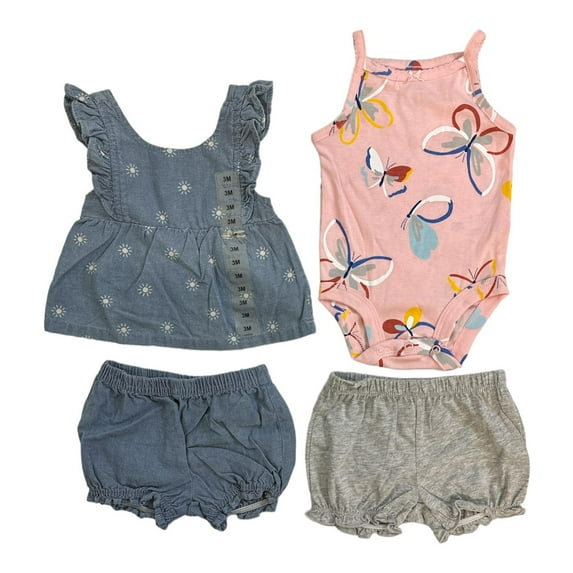 Carter's Baby Girl 4-Piece Mix & Match Sleeveless Tops & Shorts Set Chambray/Butterfly 18M