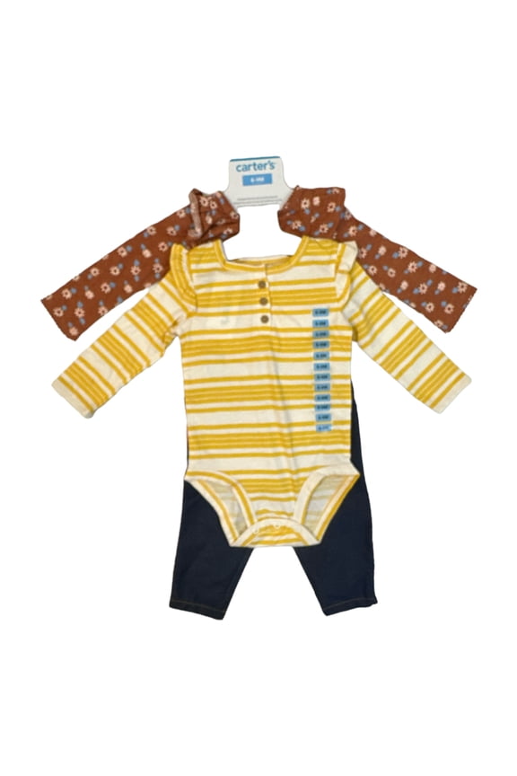 Baby Girl's 4 Piece Long Sleeve Body Suits & Leggings Set (Brown Floral/Yellow Stripe, 3-6M)