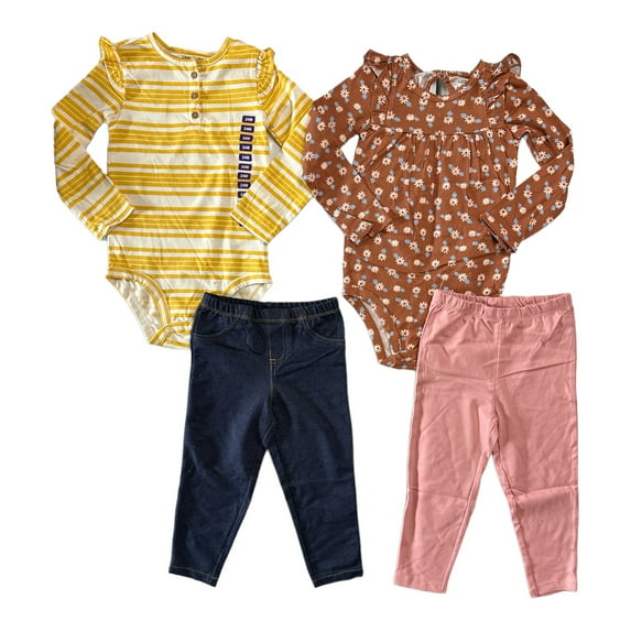 Carter's Baby Girl's 4-Piece Long Sleeve Tops & Pants Playwear Set (Golden Stripe/Brown Floral, 24M)