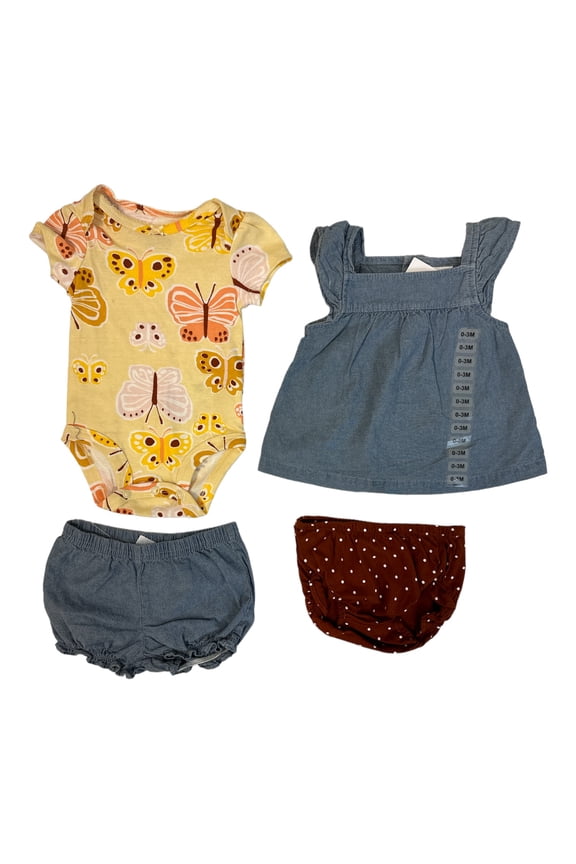 Baby Girl's 4-Piece Mix & Match Tops and Diaper Cover Sets (Butterfly/Chambray, 0-3M)