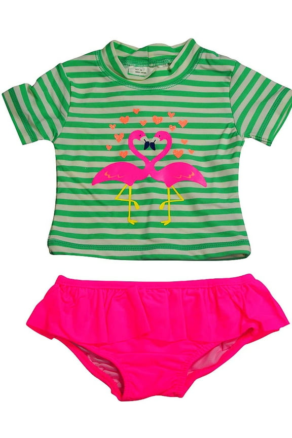 - Baby Girls 2PC Short Sleeve Rashguard Swim Set 38842-18Months (striped flamingos)