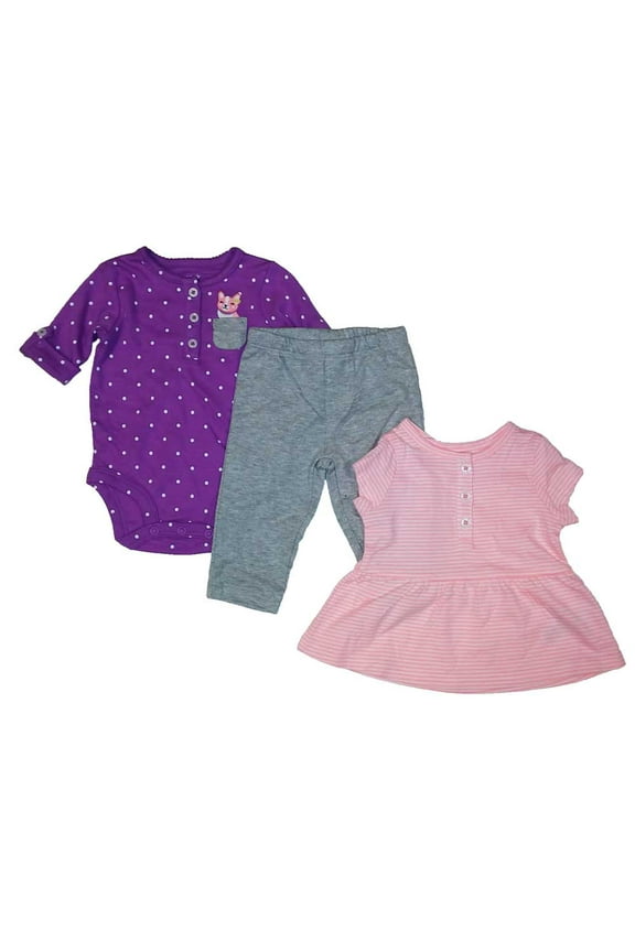 Baby Girls Bodysuit Pants 3PC Set Striped Pink Purple Dots Grey 3M
