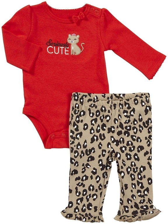 Baby Girls L/S 2-piece Bodysuit Pant Set 12 Months, Red Leopard