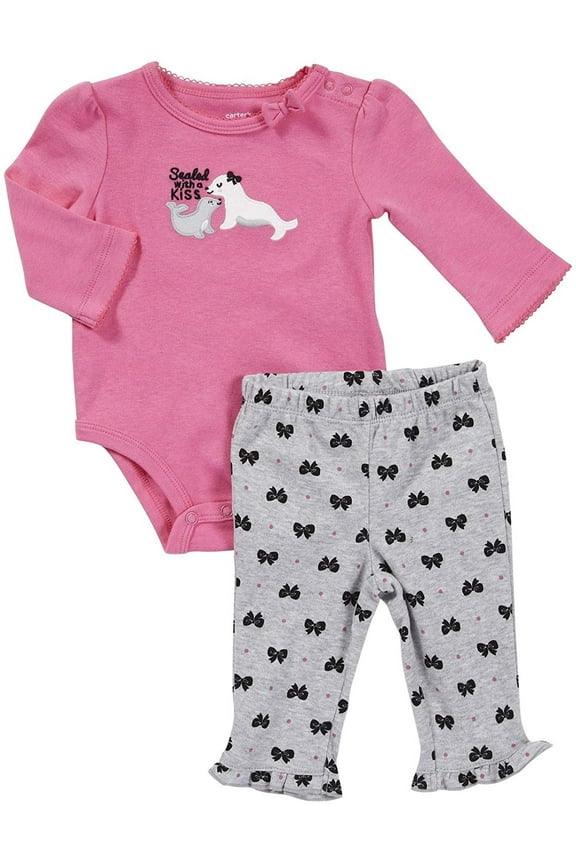 Baby Girls L/S 2-piece Bodysuit Pant Set 18 Months, Pink Bow