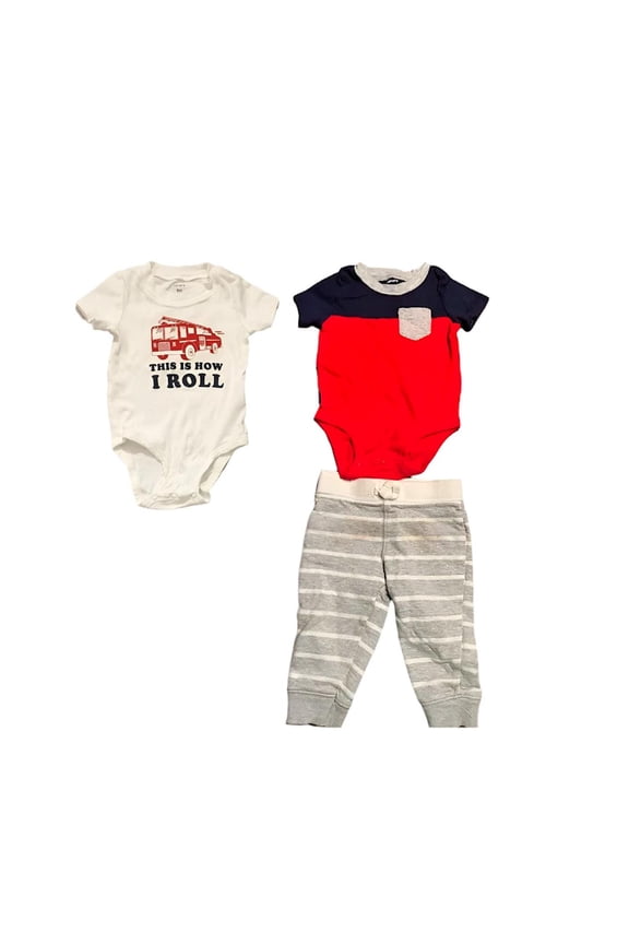 Baby & Toddler Boy's 3 Piece Short Sleeve Bodysuit & Jogger Pant Set Red, Blue Firetruck 6M