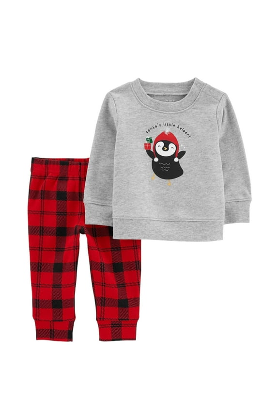 Baby Unisex 2 Piece Set Penguin on Grey Long Sleeve Shirt and Red and Black Pants 3 M