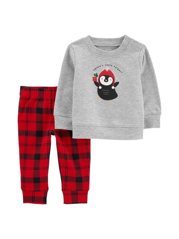 Baby Unisex 2 Piece Set Penguin on Grey Shirt and Red and Black Pants 6M