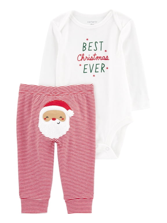 Baby Unisex 2 Piece Set Santa on Green Onsie and Grey Pants 3 M