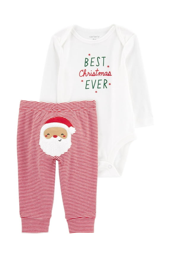 Baby Unisex 2 Piece Set Santa on Green Onsie and Grey Pants 3 M