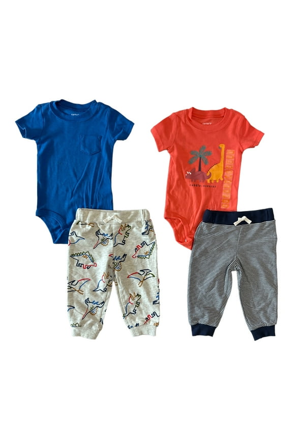 Boy's 4 Piece Cotton Print Bodysuit Pant Set (Dinos/Cuddlesaurus, 9M)