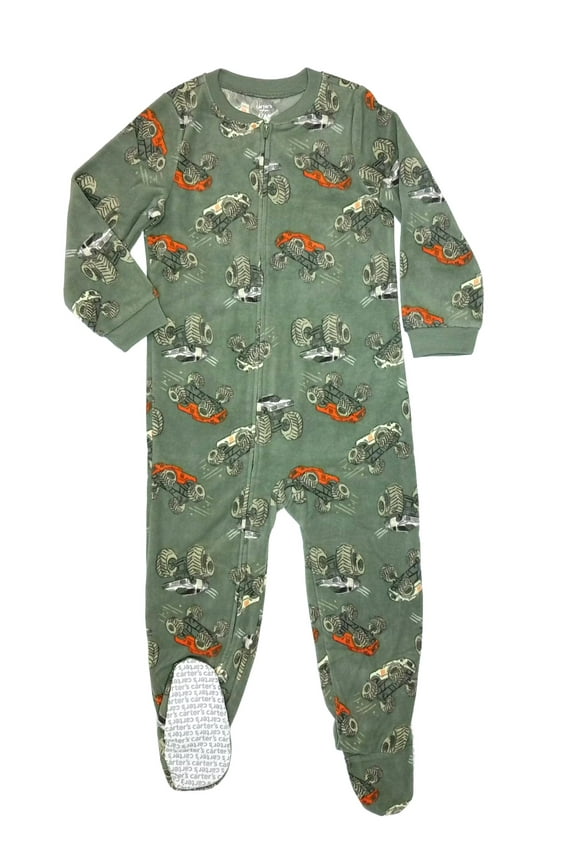 Boy's Monster Truck Racing Print Green Fleece Footed Pajama Sleeper, Size 5