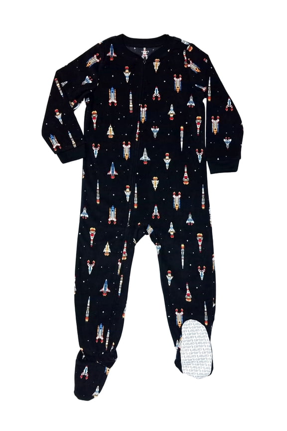 Boy's Rocket Ship Themed Print Black Soft Fleece Footed Pajama Sleeper, Size 10