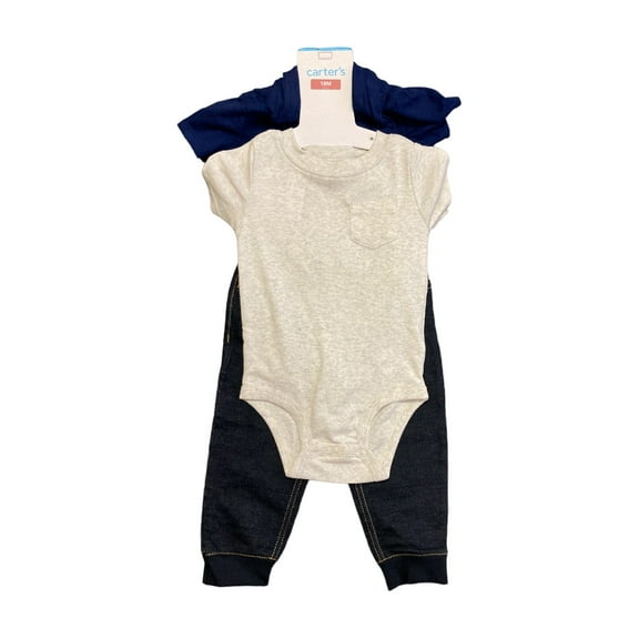 Carter's Boys 3 Piece Ankle Length Pants Bodysuit Pant Short Sleeve Set (Cream/Navy Denim, 18M)