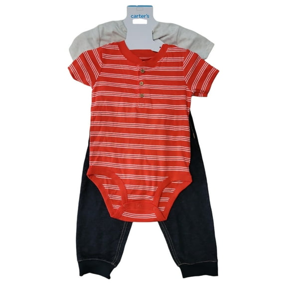 Carter's Boys 3 Piece Ankle Length Pants Bodysuit Pant Short Sleeve Set (Red Stripe, 3M)