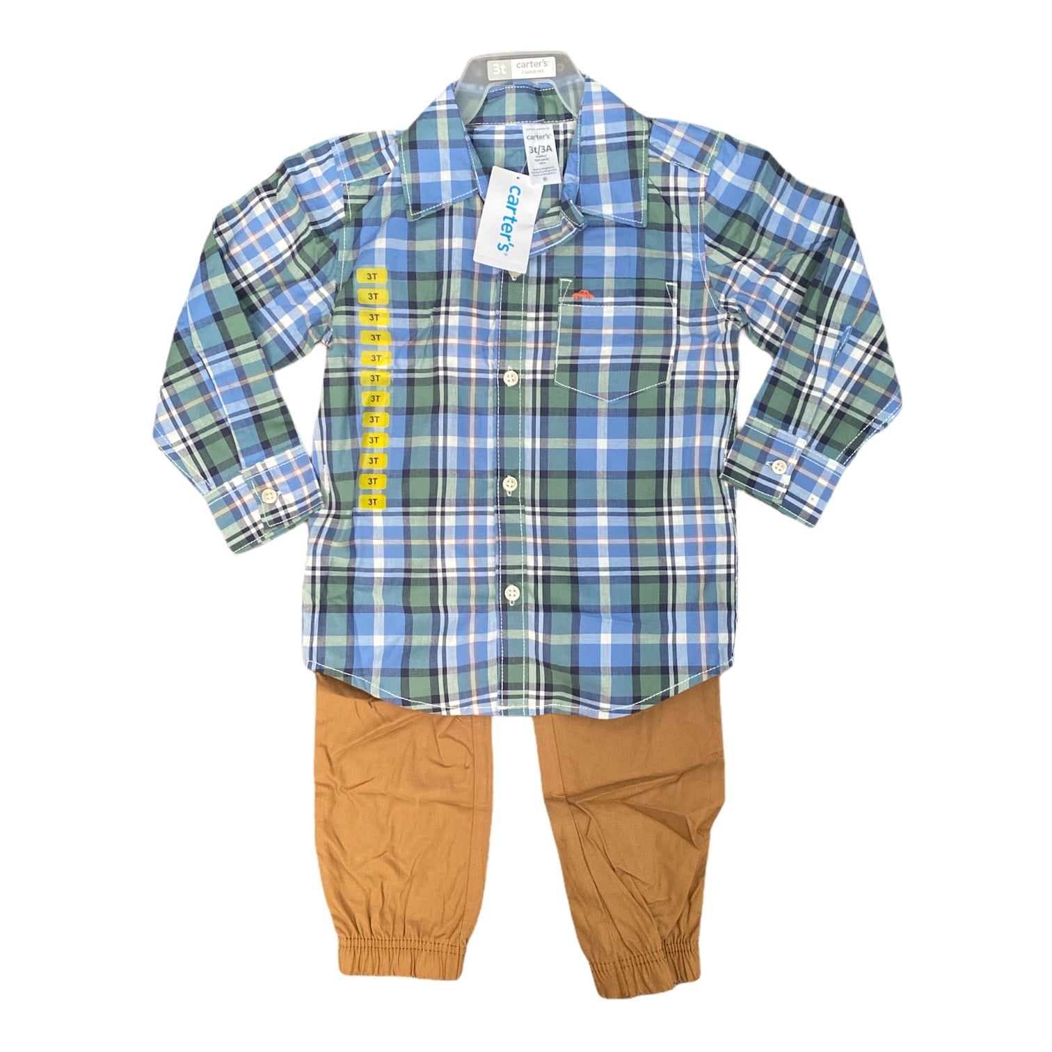 Carter's Boys Long Sleeve Blue/Green Button Up Plaid Shirt Pants