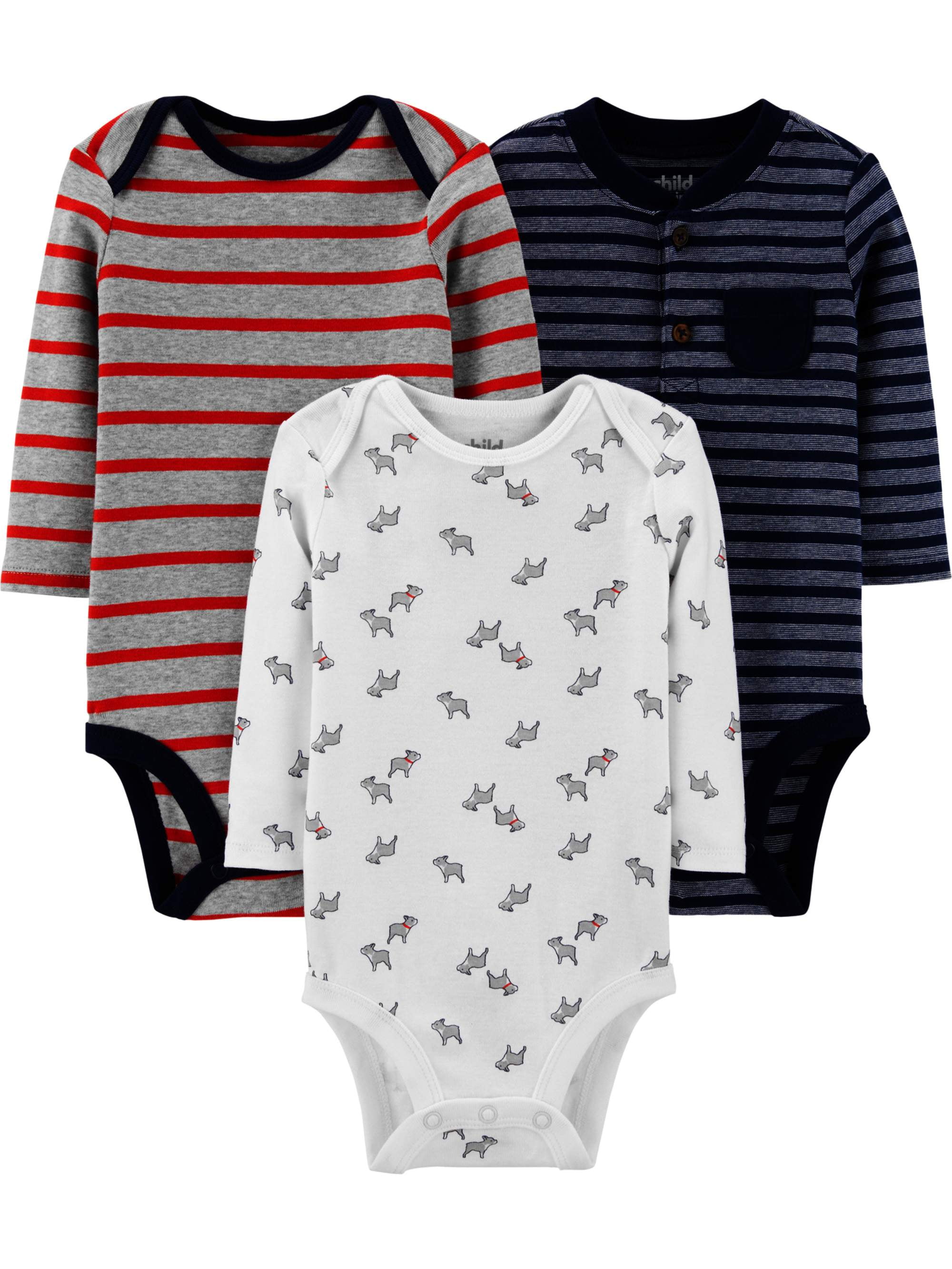 Baby Boy Long Sleeve Bodysuits, 3-Pack, Sizes Preemie-24 Months