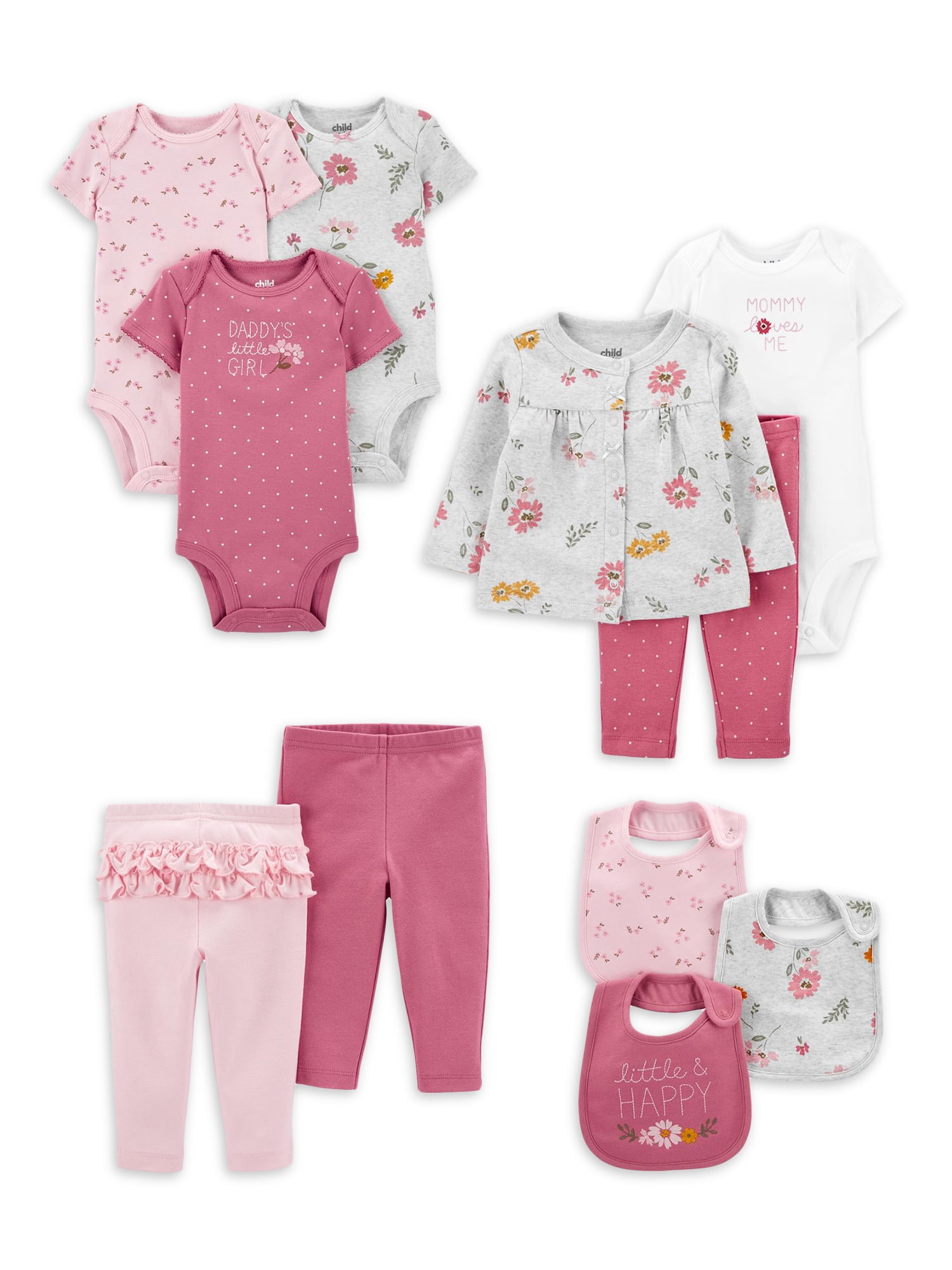 Carter's Child of Mine Baby Girl Bodysuits, Pants, Bibs, & Cardigan Set