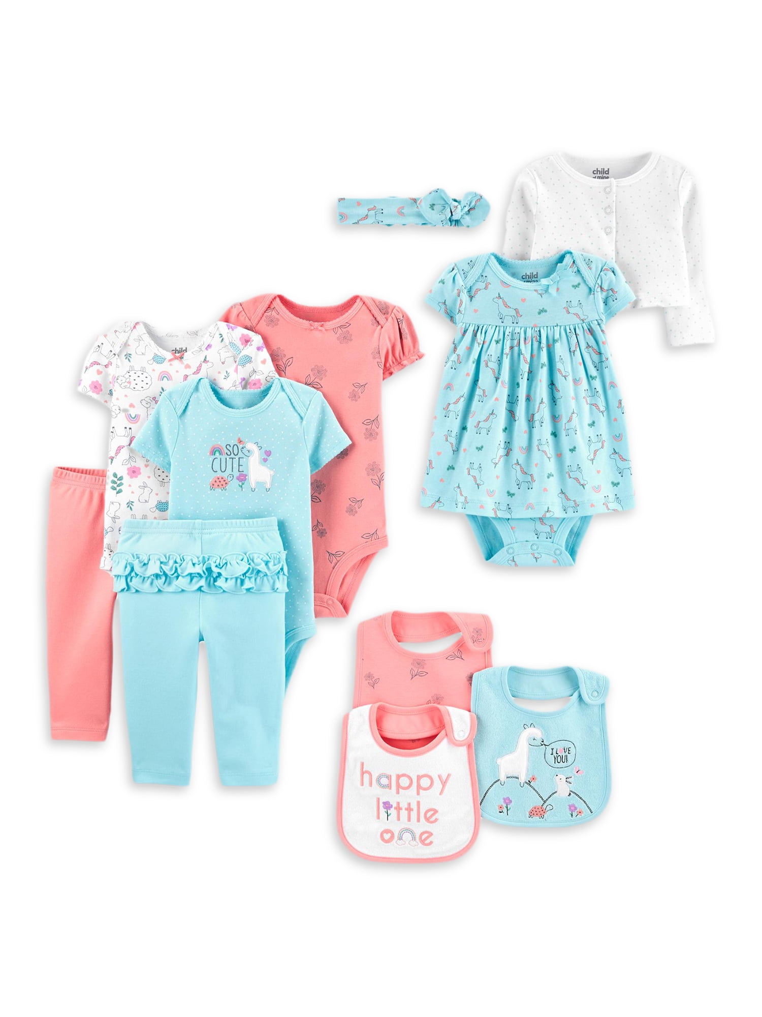 Carter's Child of Mine Baby Girl Bodysuits, Pants, Cardigan & Bibs Baby Shower Layette Gift Set, 11 Piece Preemie-18 Months