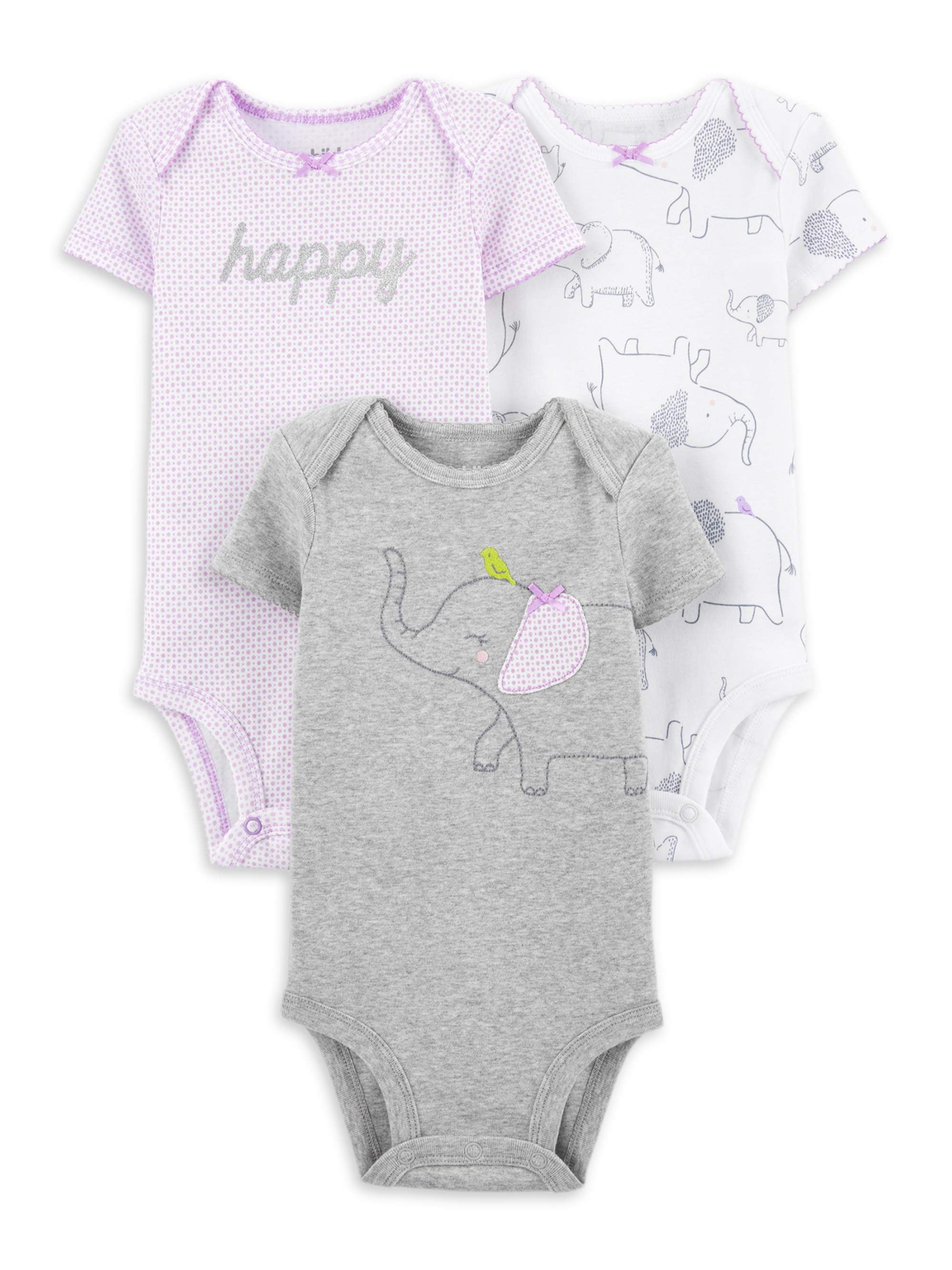Carter's Child of Mine Baby Girl Cotton Elephant and Happy Bodysuit, Gray & Purple, Preemie (3-Pack)