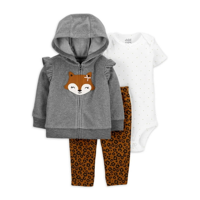 Carter's Child of Mine Baby Girl Fleece Hoodie, Bodysuit & Pant, 3pc Outfit Set