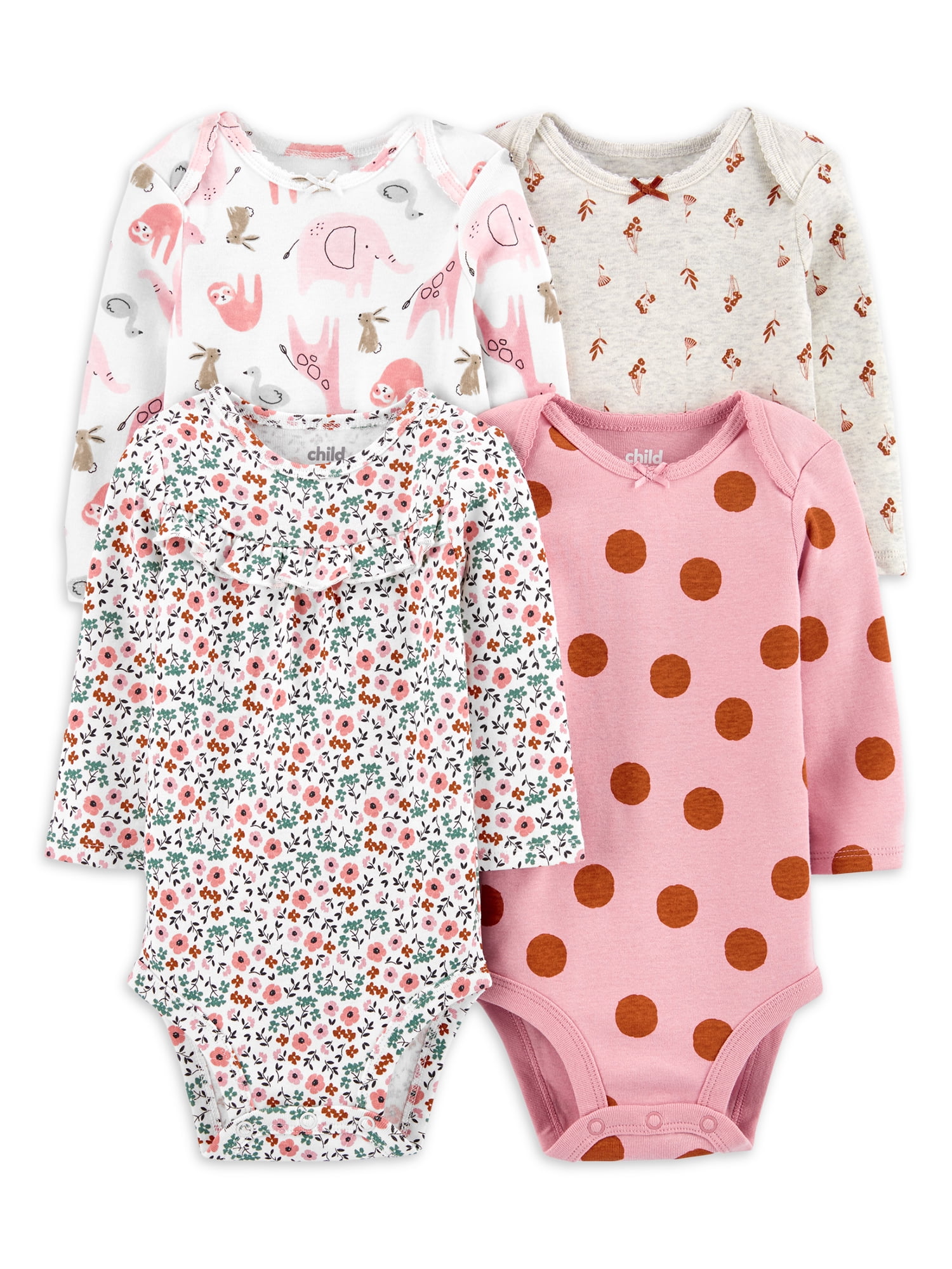 Carter's Baby Girls 4-Pack Printed Cotton Long Sleeve Bodysuits