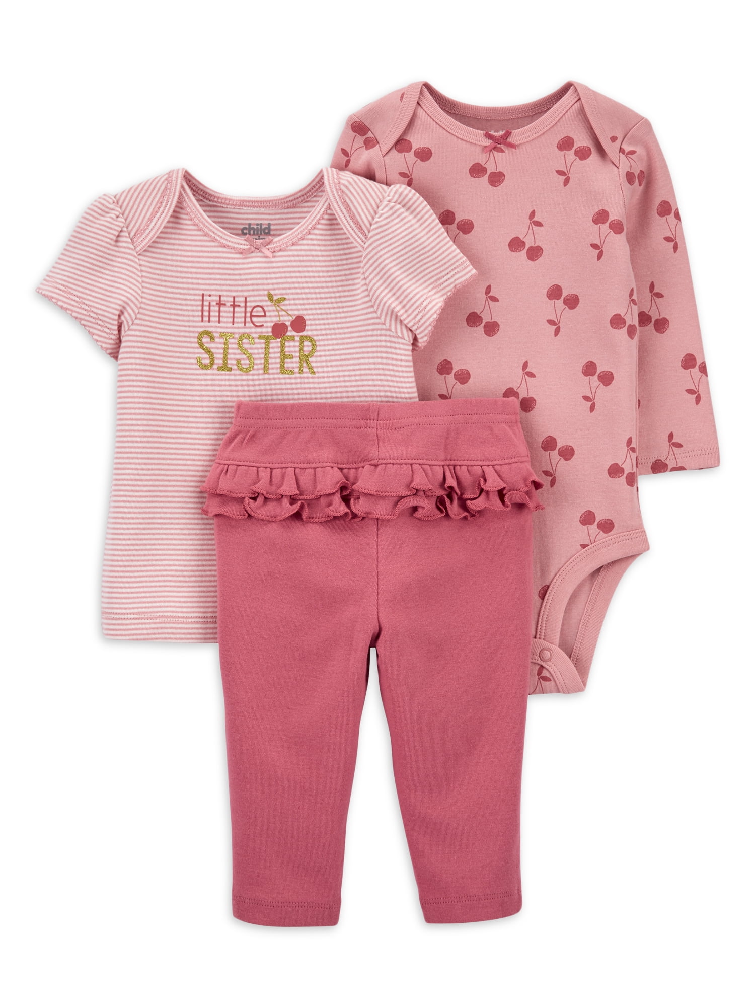 Carter's Child of Mine Baby Girl Outfit Long Sleeve Bodysuit, T-shirt & Pants, 3-Piece Set