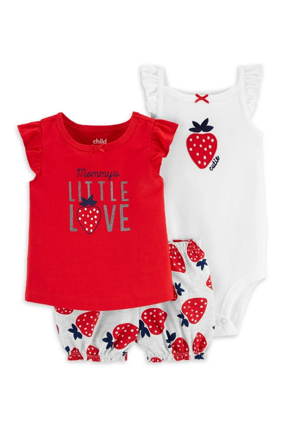 Baby Girl Short Sleeve Shirt, Bodysuit & Shorts Outfit Set, 3-Piece