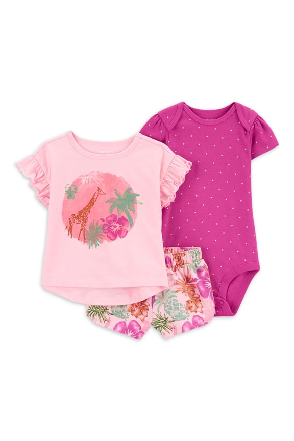 Baby Girl Shorts Outfit Set, 3-Piece, Sizes 0/3-24 Months