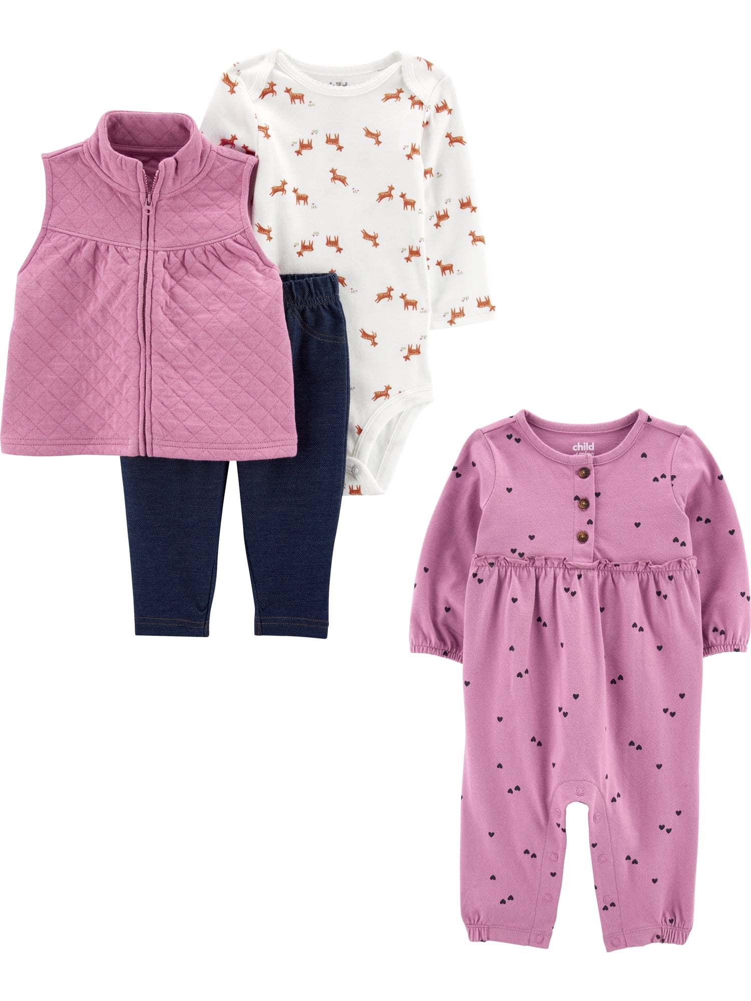 Carter's Child of Mine Baby Girl Vest Outfit and Jumpsuit Set, 4Piece