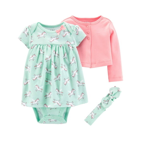 Carter's Child of Mine Baby Girls Long Sleeve Cardigan, Headband & Short Sleeve Dress, 3-Piece Set