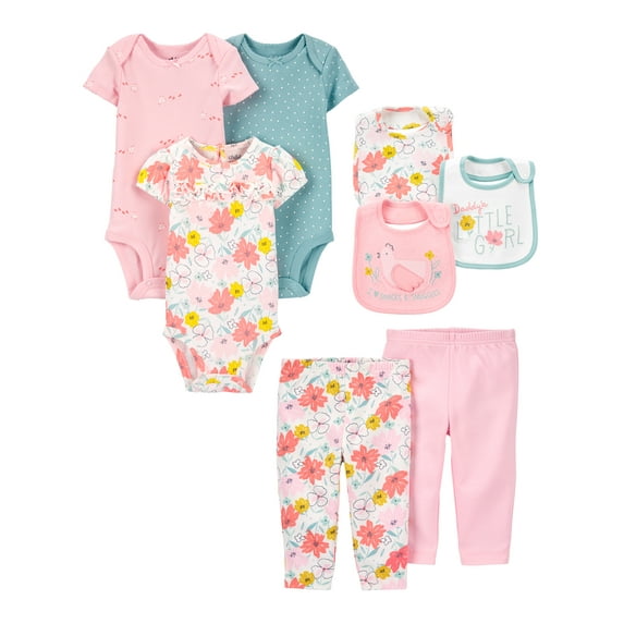 Carter's Child of Mine Baby Girls Short Sleeve Bodysuits, Pants, and Bibs Set, 8-Piece Set, Preemie-24 Months