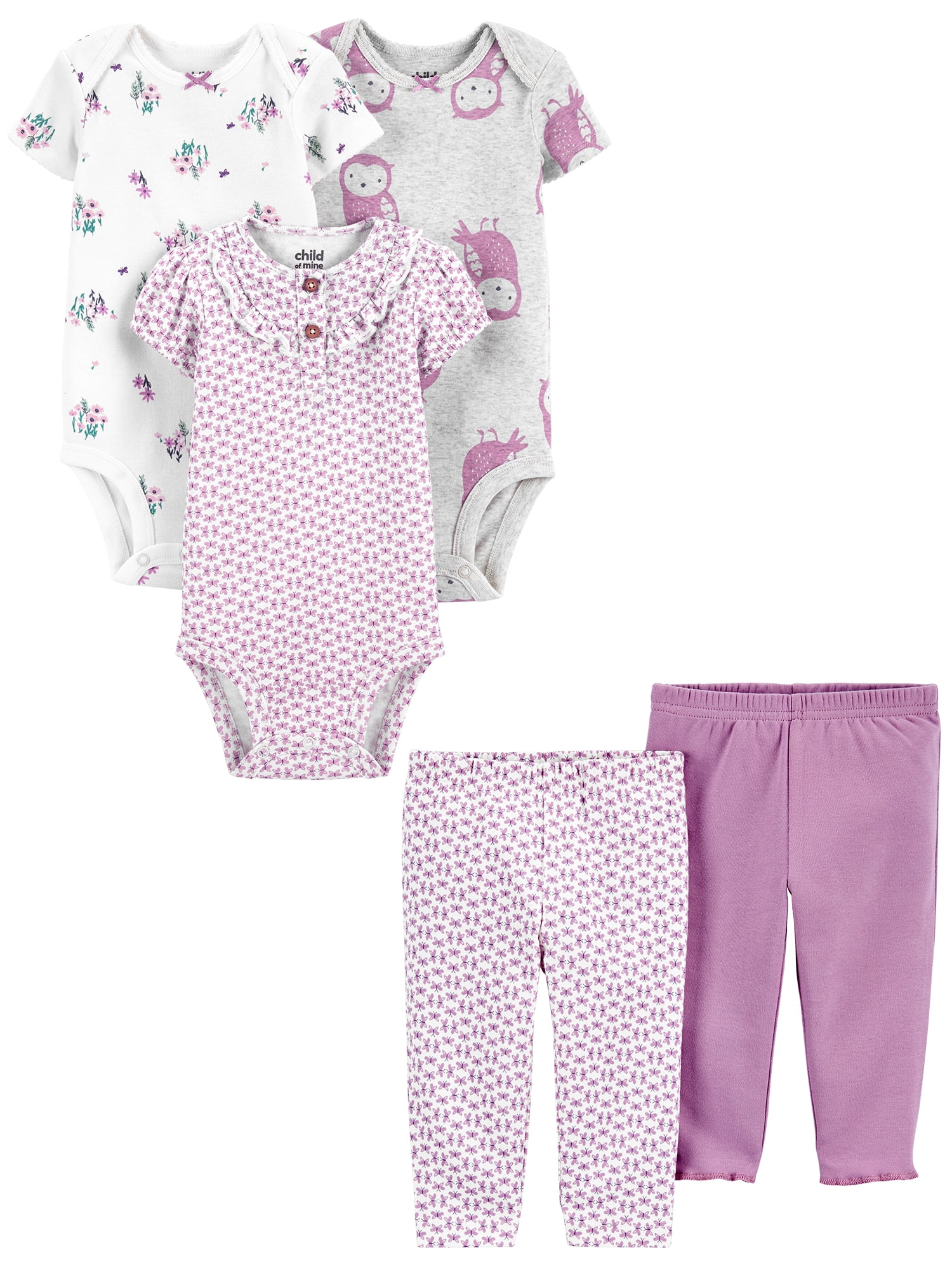 Carter's Child of Mine Baby Girls Short Sleeve Bodysuits and Pants Outfit  Set, 5-Piece, Preemie-24 Months 