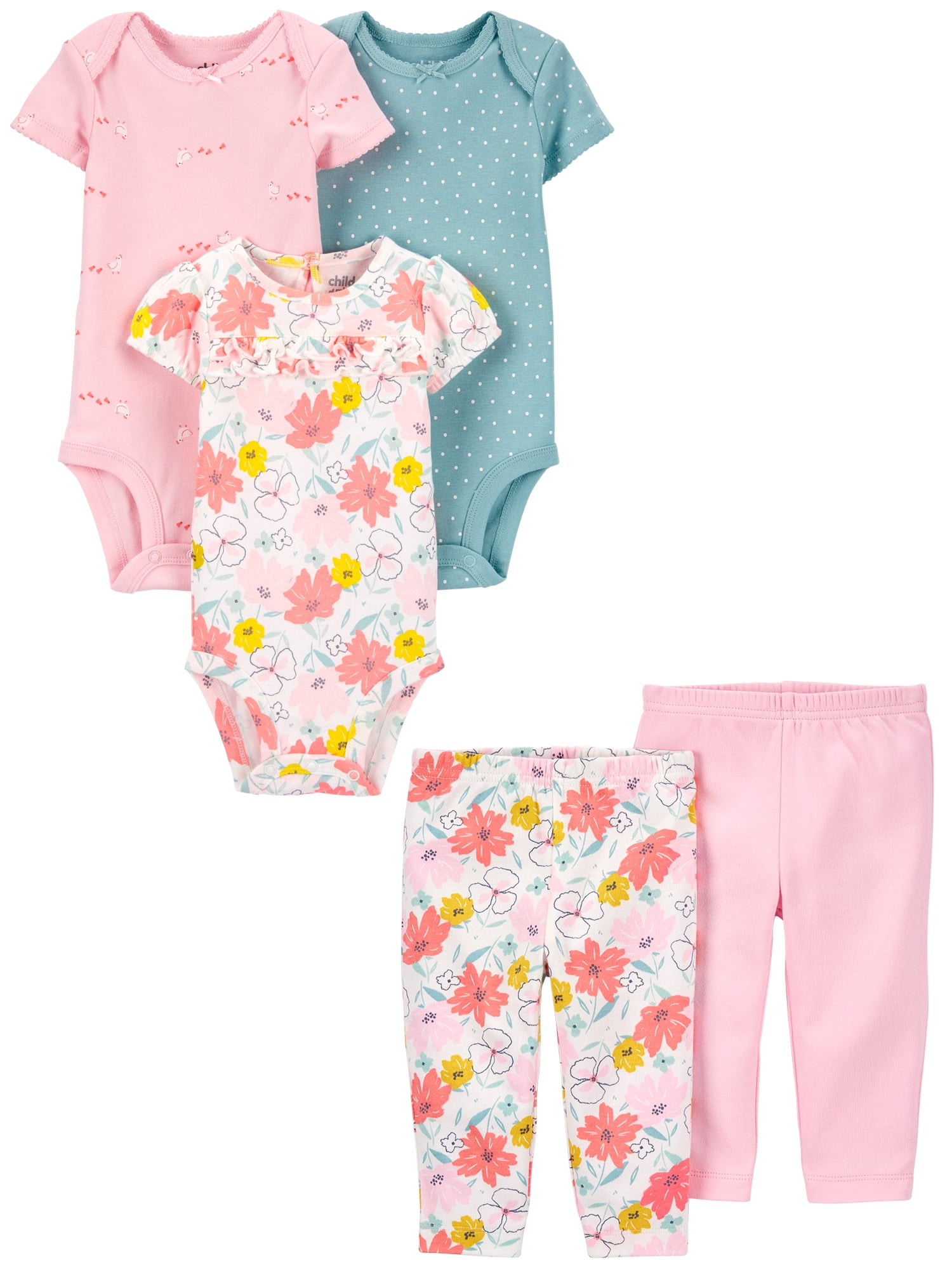 Carter's Child of Mine Baby Girl Short Sleeve Bodysuits & Pants Set, 5  Piece, Preemie-18 Months 