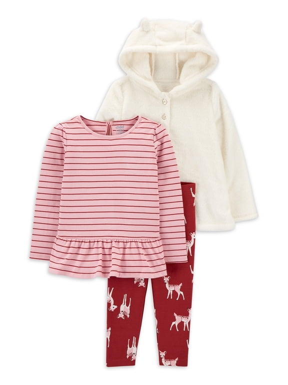 Baby & Toddler Girls Hooded Jacket 3 Piece Outfit Set, 12 Months-5T
