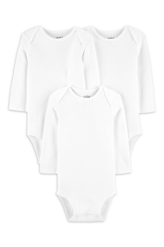 Baby Unisex Long Sleeve White Bodysuit, 3-Pack, Preemie-18M