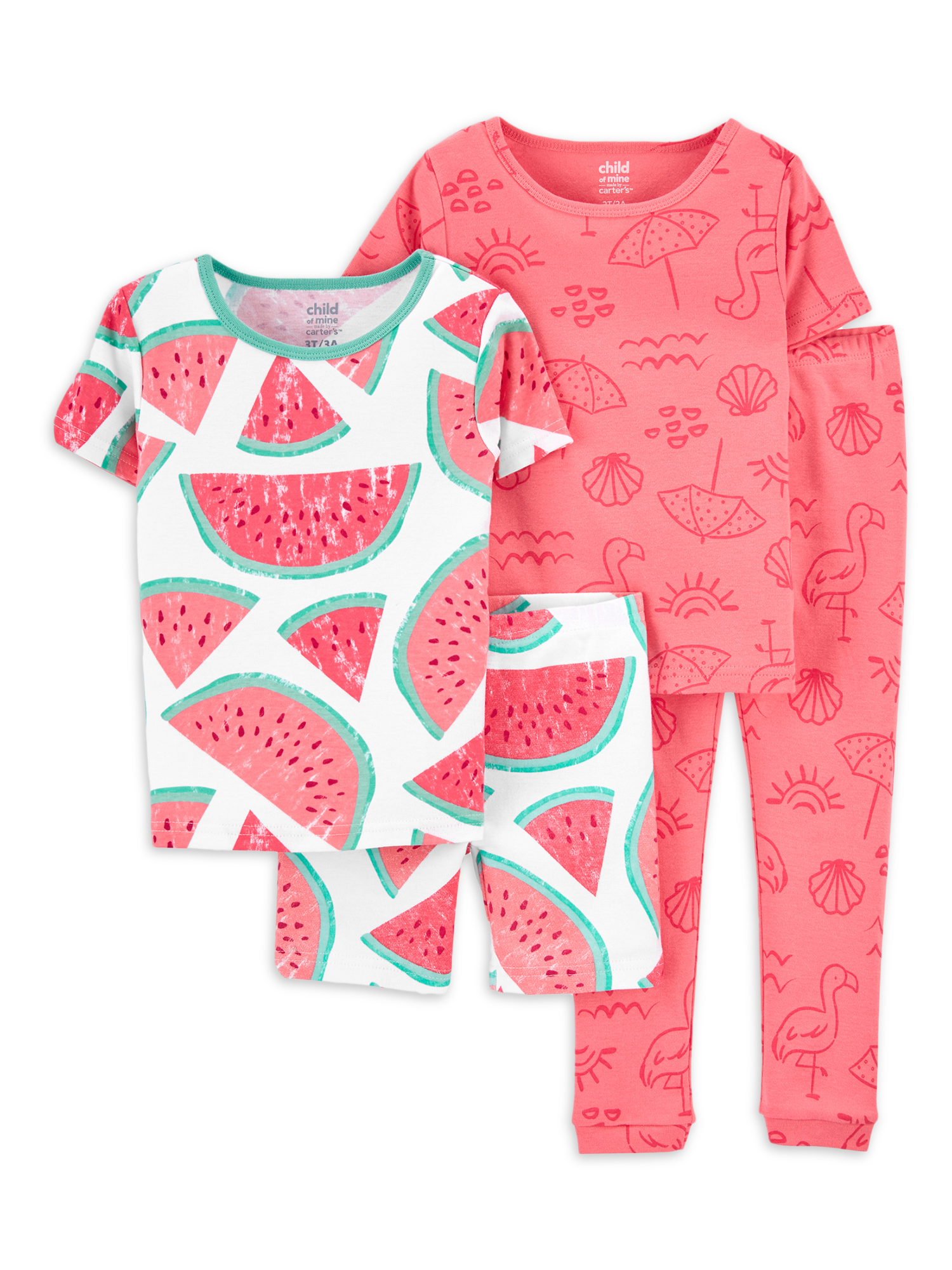 Carter's Child of Mine Girls Watermelon Short Sleeve Tops, Short and Pant  4-Piece Pajama Set, Sizes 4-8