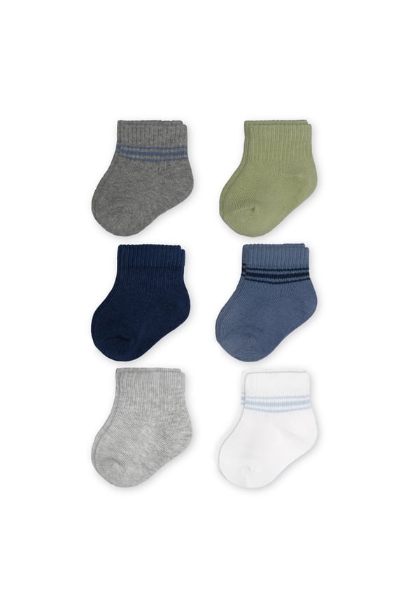 , Infant Baby Boy Ribbed Quarter Crew Socks, 6 Pack, Sizes 0-12 Months