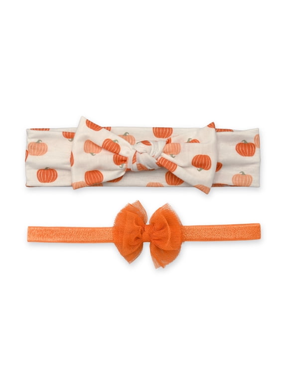 Infant Girl Bow Head Wrap Set, 2-Piece, Orange and White,