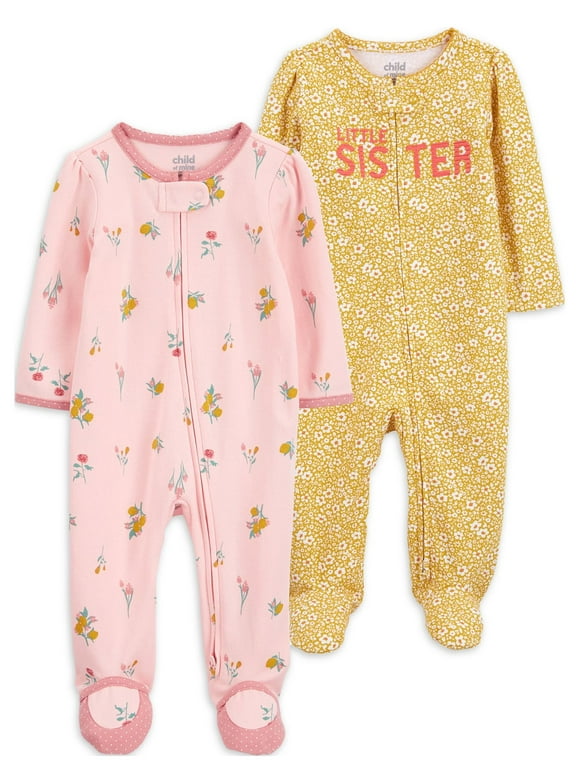 Carter's Child of Mine Newborn Baby Girl Interlock Sleep N Play Zipper Footed Pajamas, 2 Pack, Preemie - 6/9 Months