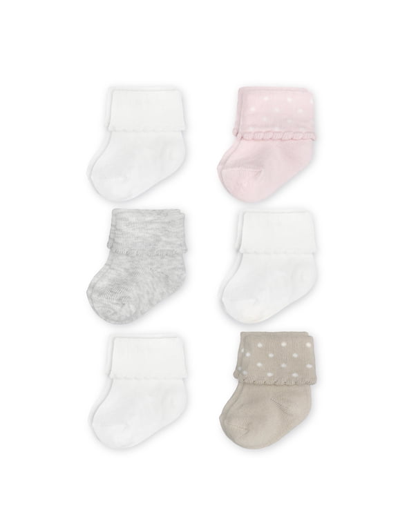 Baby Girl Folded Cuff Socks, 6-Pack, 0-6 Months