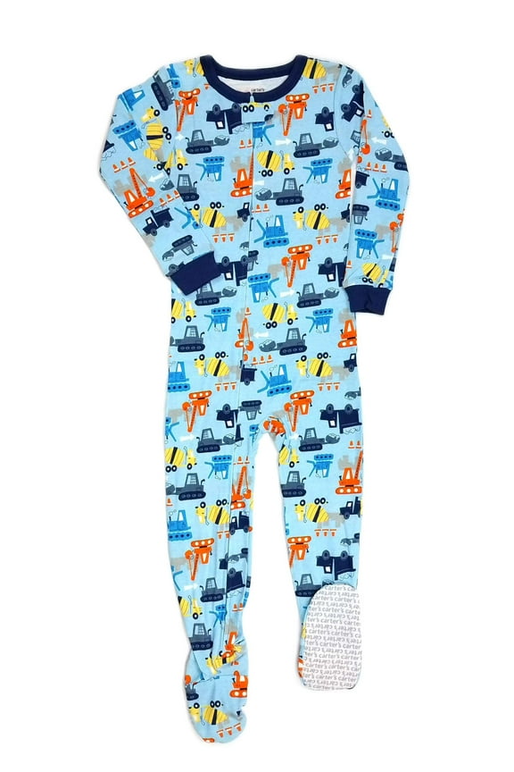 Construction Vehicles Blue Cotton Footed Pajama Sleeper, Size 4T