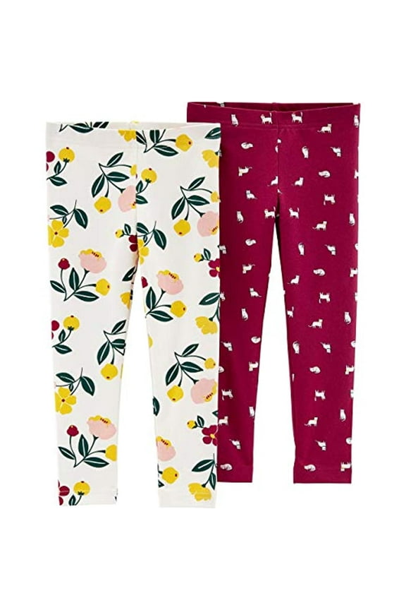 Girls' 2-Pack Leggings (Burgundy/Cats Flowers, 9M)