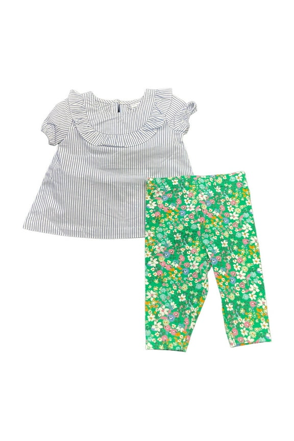 Girls' 2-Piece Striped Top & Floral Capri Legging Set (Blue/Green, 3T)