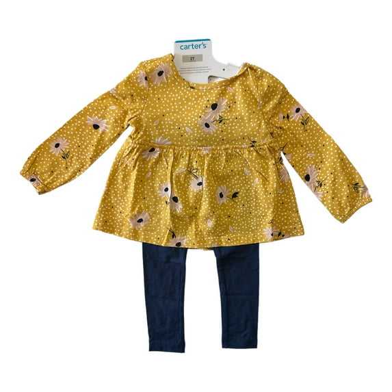 Carter's Girls Baby & Toddler 2-Piece Long Sleeve Top & Legging Outfit Set (Gold Floral/Navy, 3-6M)