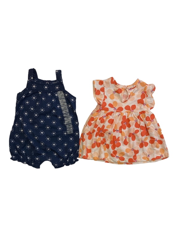 Girls Toddler 2 Piece Cotton Bodysuit Dress Set (Blue/Orange, 6M)