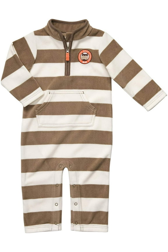Infant Long Sleeve One Piece Fleece Coverall - Taupe Stripes-3 Months