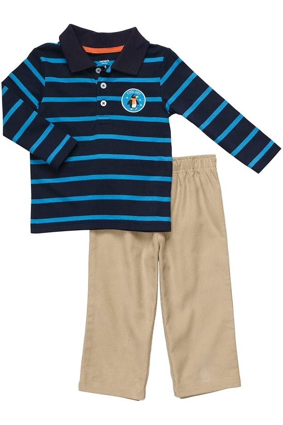 Infant Two Piece Polo Pant Set - Blue Stripes-6 Months
