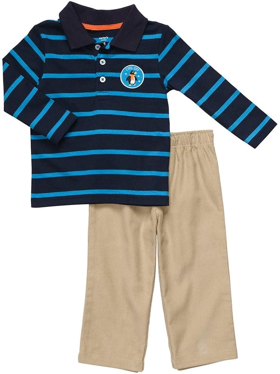 Infant Two Piece Polo Pant Set - Blue Stripes-6 Months