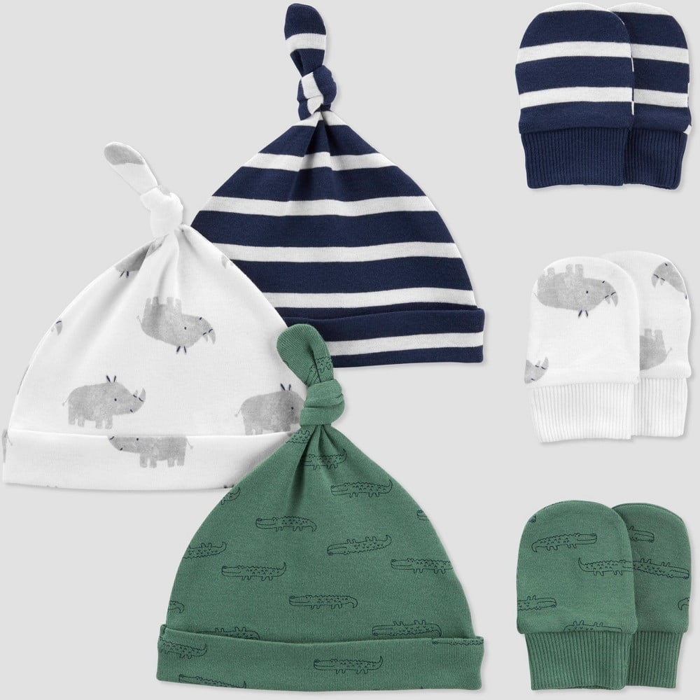 Carter s Just One You Baby Boys 6pk Hat and Mitten Set Green Off White Navy Walmart
