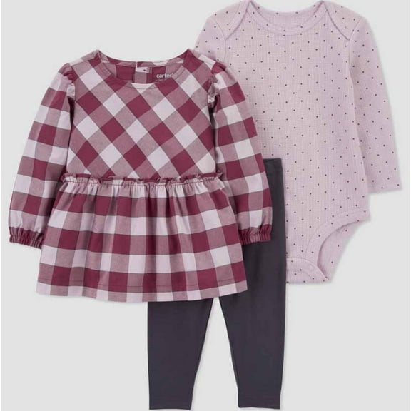 Carter's Just One You Baby Girls' 3 Pc Gingham Polka Dot Top & Bottom Set - Purple/Pink- (12 Months)